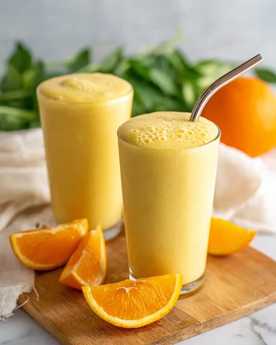 The image shows two clear glasses filled with a thick, smooth, yellow-orange smoothie. Each glass has a metal straw inserted into the smoothie. One glass is closer to the front, slightly held by a woman's hand wearing a blue sleeve and a silver ring. The other glass sits behind it. Around the glasses on a wooden board placed on a white marbled surface are fresh orange wedges with bright orange skin and juicy, vibrant orange flesh. In the background, there is a blurry bunch of green leafy herbs and a whole orange. Photo taken with an iphone --ar 4:5 --v 7