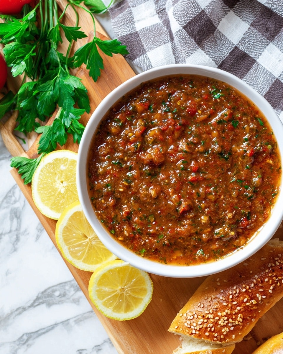 A white bowl filled with a thick, chunky, reddish-brown sauce, showing small pieces of herbs and vegetables mixed in, placed on a light wood board. Next to the bowl are three lemon slices with some green herbs on top, fresh green parsley leaves, and golden brown bread with sesame seeds, all arranged closely together on a white marbled surface with a gray and white checkered cloth partially visible. Photo taken with an iphone --ar 4:5 --v 7