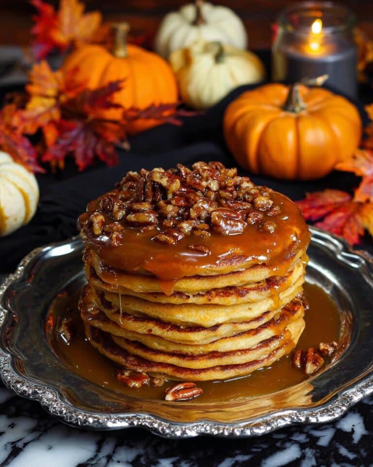 Pumpkin Praline Pancakes with Warm Maple Pecan Praline Sauce Recipe