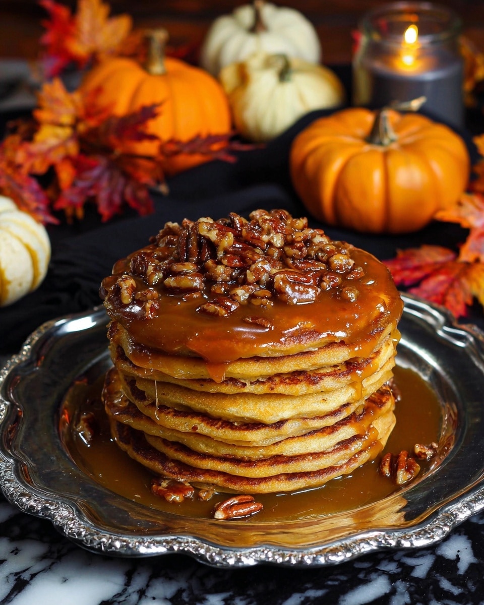 A stack of seven thick, golden-brown pancakes sits in the center of a shiny silver plate with scalloped edges, each pancake layered evenly and covered in a rich, glossy caramel sauce that slowly drips down the sides. On top of the stack, there is a generous pile of chopped pecans glazed with syrup, adding texture and shine. The background has small pumpkins in shades of orange and cream, a lit white candle in a dark holder, and autumn leaves in colors of red, orange, and yellow, all set against a black cloth with a white marbled surface beneath the plate. photo taken with an iphone --ar 4:5 --v 7