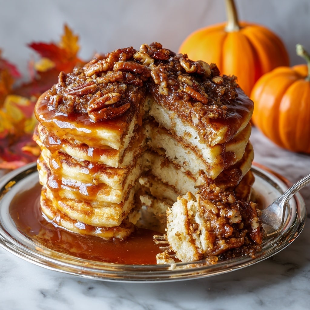 A tall stack of fluffy, golden brown pancakes sits on a shiny silver plate, each pancake thick and soft, layered with sticky caramel sauce dripping down the sides. The top pancake is covered with a generous layer of glossy, rich pecan pieces in a sticky caramel glaze, adding a textured, crunchy appearance. A silver fork holds a thick section pulled away from the stack, showing multiple warm, soft layers inside with syrup oozing slightly. The background includes small orange pumpkins and autumn leaves on a white marbled surface, creating a cozy fall feel. Photo taken with an iphone --ar 4:5 --v 7