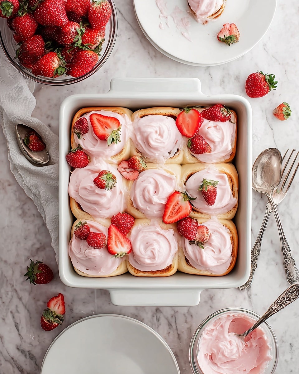 A white square baking dish holds twelve cinnamon rolls arranged in three rows and four columns, each topped with smooth, light pink frosting that has a creamy texture and swirled pattern. Some rolls are garnished with fresh, bright red strawberries, both whole and sliced, adding a vibrant contrast to the soft frosting. The cinnamon rolls have a golden brown edge visible beneath the frosting, showing a soft and fluffy dough. Around the baking dish are additional elements on a white marbled surface: a clear glass bowl filled with whole strawberries on the upper left, a plain white plate underneath the forks and knives on the bottom left, two vintage silver spoons to the right, and a smaller clear bowl with more pink frosting and a spoon resting inside it at the bottom right. Scattered strawberries add pops of red color to the scene. Photo taken with an iphone --ar 4:5 --v 7