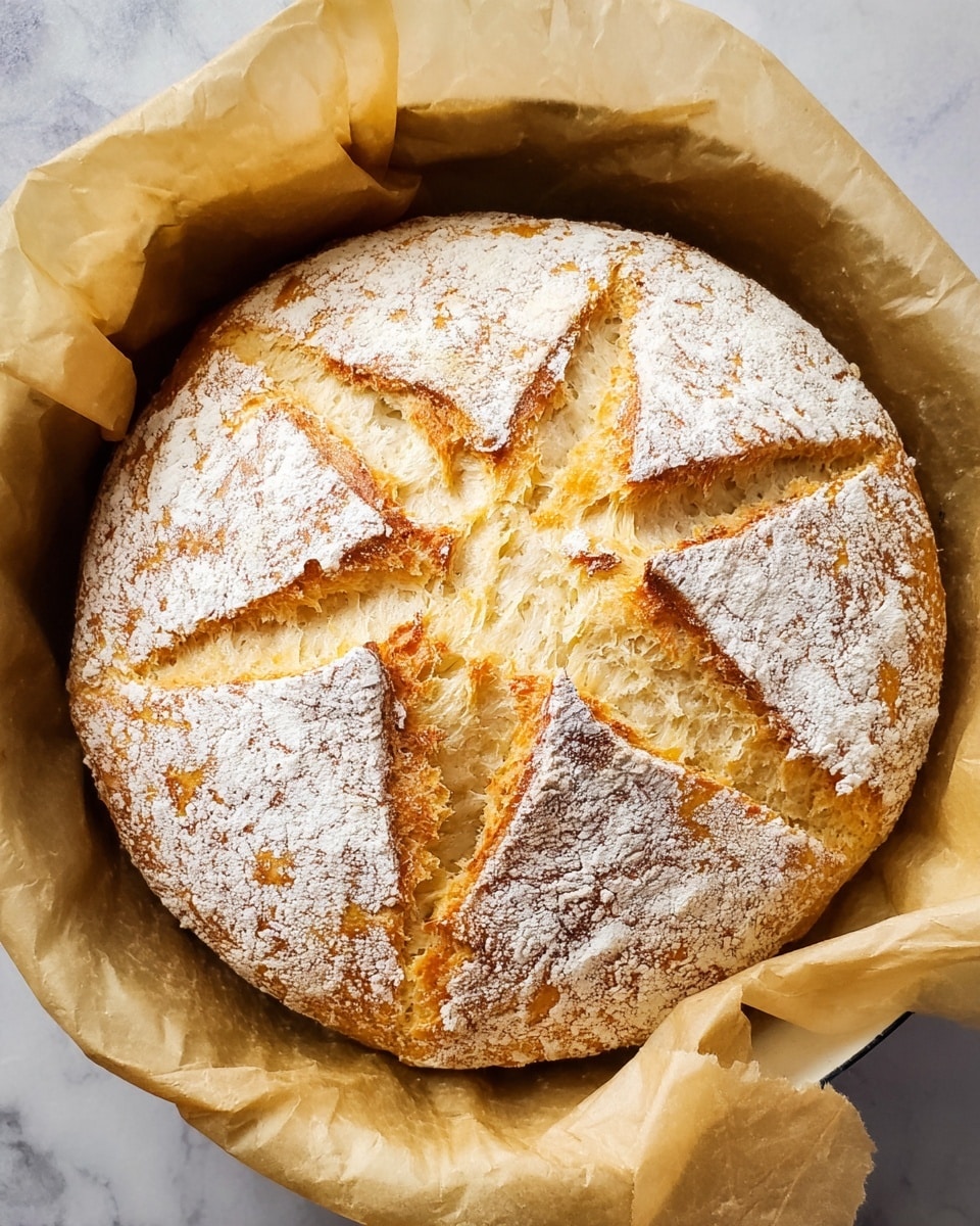 The image shows a round loaf of bread dusted with white flour on top, cut in half horizontally and placed on a black cooling rack. The top half on the right side has a golden-brown crust with visible crusty texture and light white flour dusting. The left half reveals the inside soft crumb, light beige with an airy texture with many small holes. The setup is on a white marbled surface, and there is a serrated knife partially visible on the right. Photo taken with an iphone --ar 4:5 --v 7