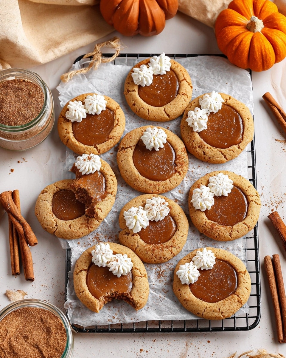 A group of nine round cookies with a thick, light brown outer crust and a smooth, darker brown filling in the center, arranged on a white parchment paper over a black cooling rack, placed on a white marbled surface. Each cookie has three small dollops of white whipped cream piped along one side of the dark filling, dusted lightly with ground cinnamon. One cookie near the top left has a bite taken out, showing a soft inner texture. Around the cookies, there are several cinnamon sticks and small decorative pumpkins, a glass jar with cinnamon powder, and a pastry bag filled with white cream in the bottom left corner. The scene is warm and cozy with a mix of brown and white tones. photo taken with an iphone --ar 4:5 --v 7
