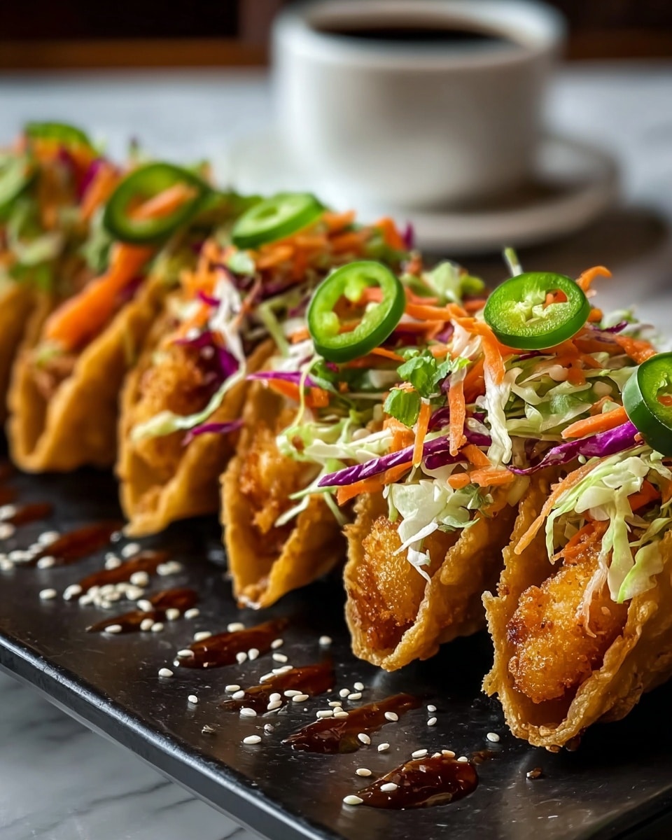 A row of crispy fried tacos with a golden brown, crunchy shell sits on a dark serving tray. Each taco is filled with a golden fried piece of chicken as the bottom layer, topped with thin slices of orange and purple cabbage and white shredded lettuce, giving a mix of bright colors and textures. Thin green rings of jalapeño peppers are spread on top, along with thin orange carrot strips and a drizzle of dark sauce. Small white sesame seeds are sprinkled over everything, and a blurred white cup sits in the background. The whole scene is on a white marbled texture. photo taken with an iphone --ar 4:5 --v 7