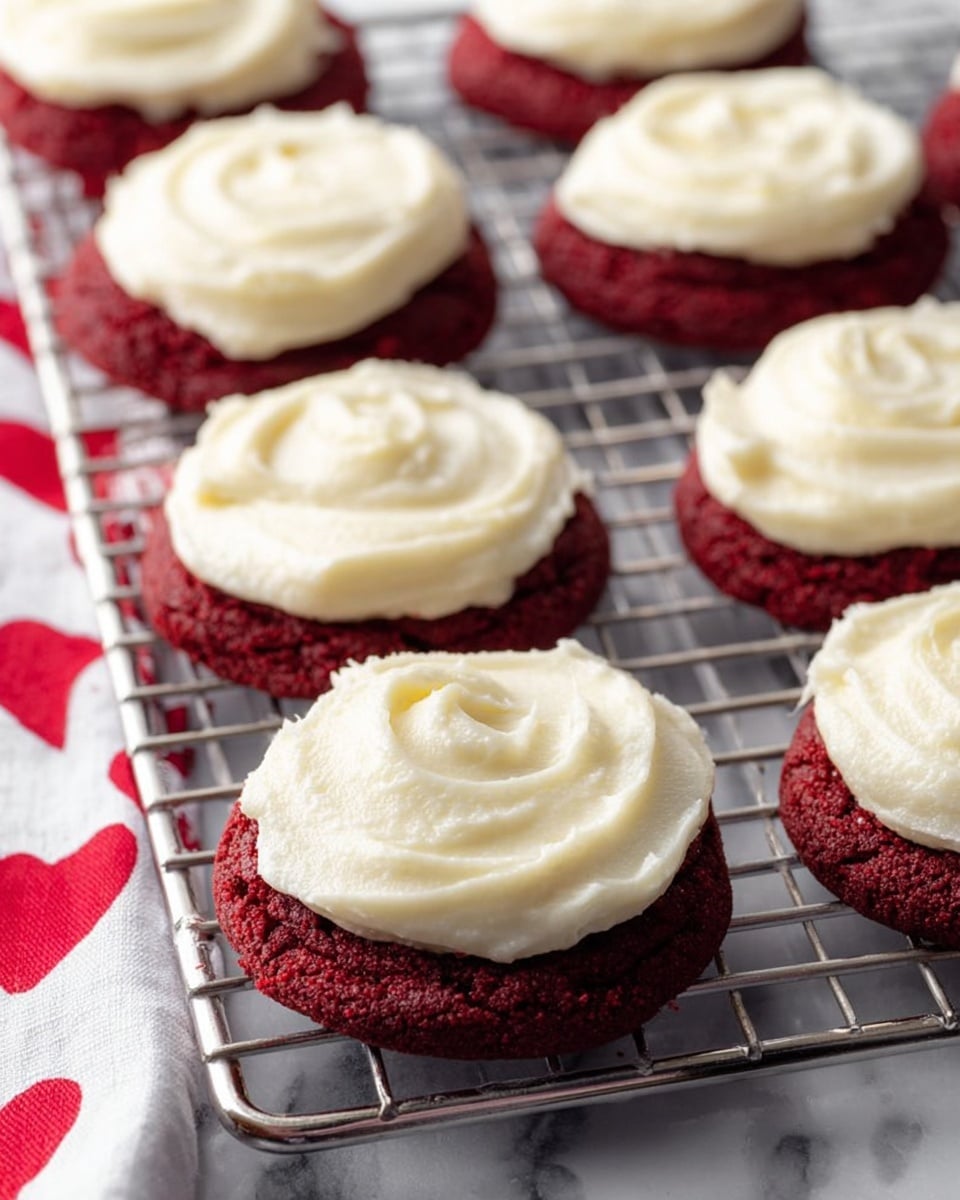 A close-up view of a woman's hand gently holding a half-eaten deep red cookie with a thick layer of smooth, creamy white frosting on top. The cookie's texture is soft and moist, with a visible crumb inside. In the background, four whole cookies with the same white frosting are placed on a white plate with a black border, sitting on a white marbled surface. The frosting is evenly spread in a circular motion, creating a clean and inviting look. Photo taken with an iphone --ar 4:5 --v 7