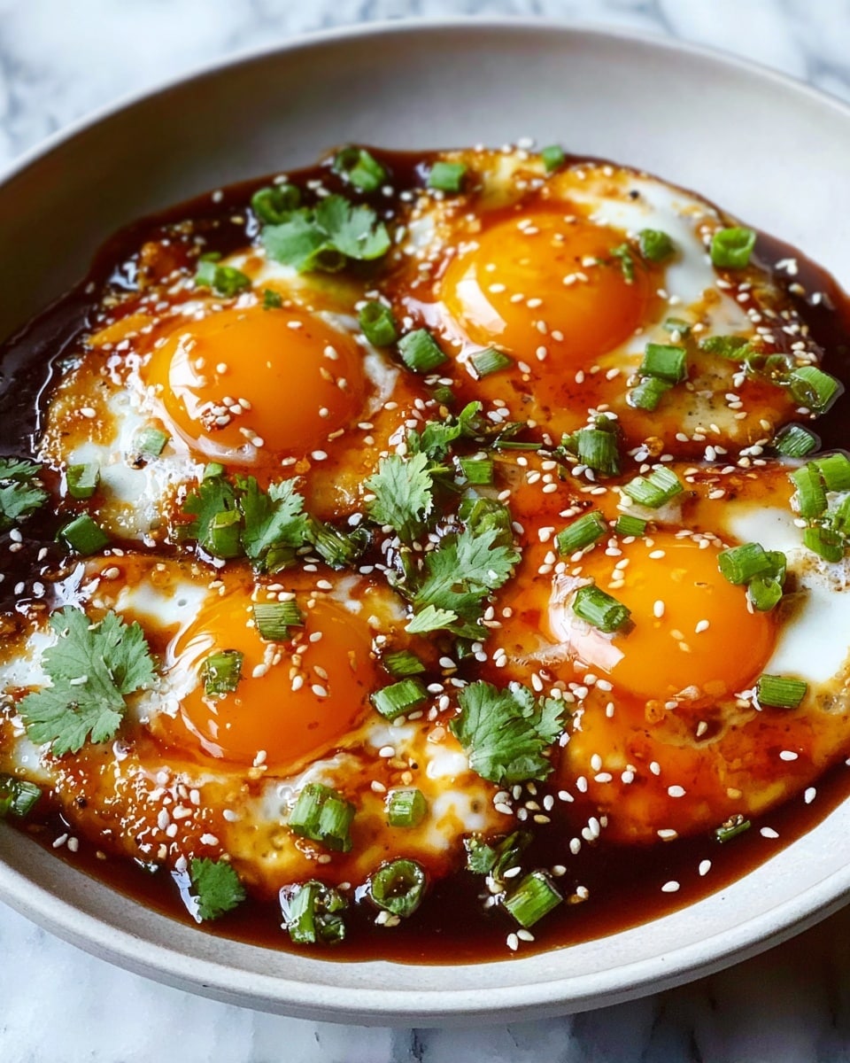 A white bowl holds four sunny-side-up eggs with bright orange yolks and crispy, golden-brown edges. The eggs are covered with a glossy dark brown sauce that looks rich and thick. Small green chopped scallions are sprinkled evenly on top, along with fresh green cilantro leaves and tiny white sesame seeds. The dish is set on a white marbled surface. Photo taken with an iphone --ar 4:5 --v 7