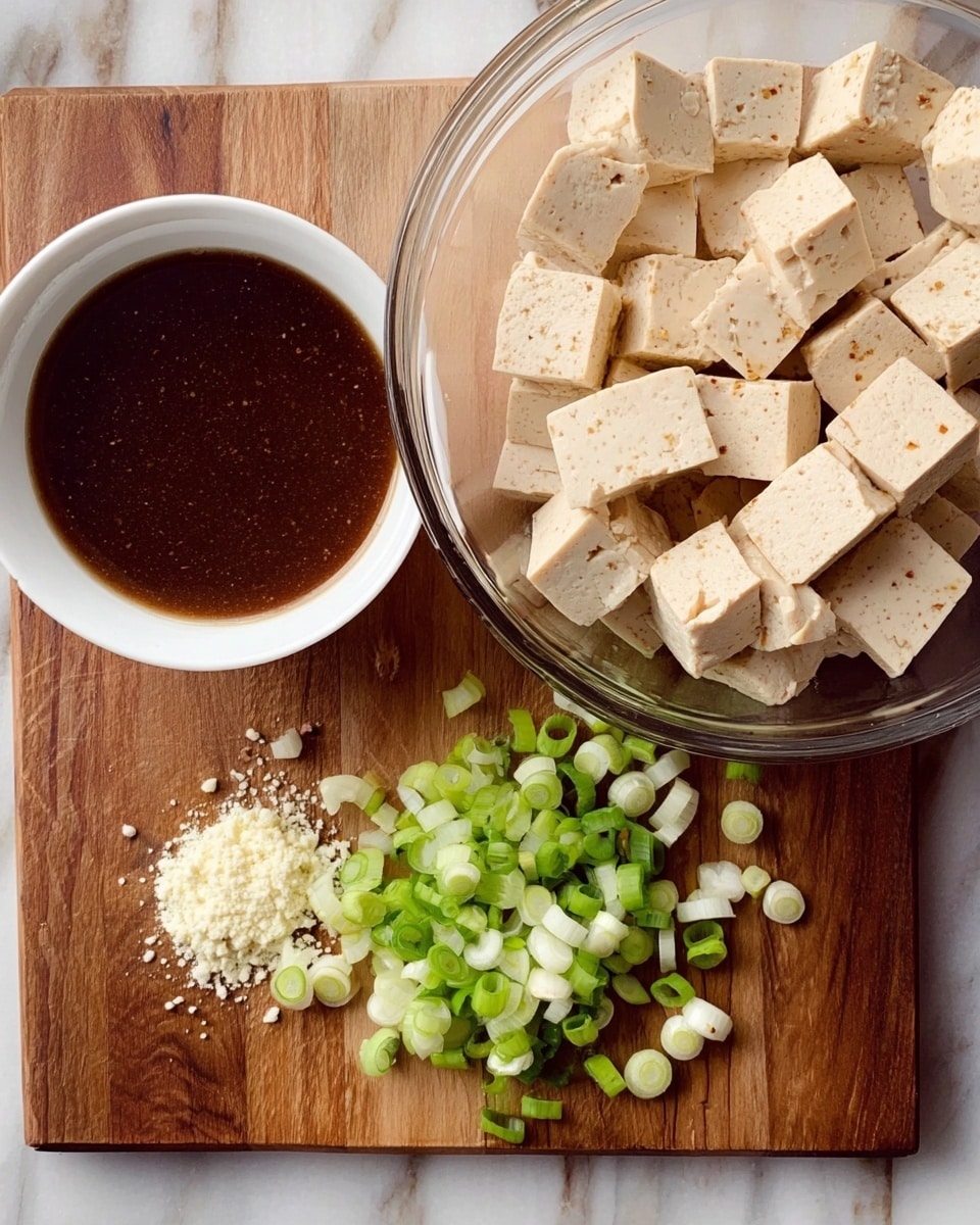 A white bowl with blue patterns is filled with a layer of white rice at the bottom, topped with glossy, orange-brown tofu cubes covered in a thick sauce. The tofu pieces are sprinkled with white sesame seeds and chopped green onions, giving a fresh contrast. A woman's hand is holding light-colored wooden chopsticks, picking up one tofu cube. The bowl is placed on a round woven mat, and there is a white cloth with blue stripes casually laid in the background on a white marbled surface. photo taken with an iphone --ar 4:5 --v 7