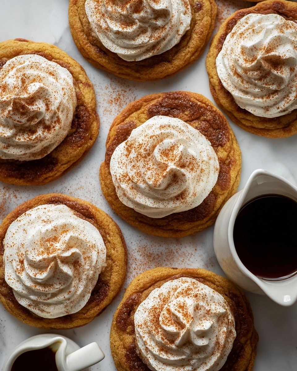 Four thick, golden-brown pancakes are stacked directly on a white plate with a white marbled texture as the background. Each pancake stack is topped with a swirl of soft white whipped cream sprinkled lightly with brown cinnamon powder. The pancakes have a slightly crispy edge with a soft, fluffy center visible in the layers. Small specks of cinnamon powder are scattered around the plate, adding a touch of warmth to the overall look. In the background, there are white cups filled with dark coffee, adding contrast to the warm tones of the pancakes. Photo taken with an iphone --ar 4:5 --v 7