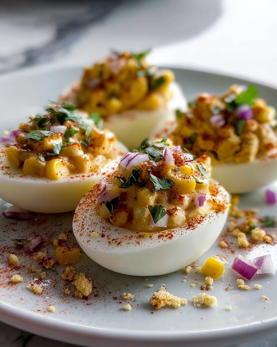 A white plate holds eight halved boiled eggs arranged in a circle, each filled with a bright yellow, slightly chunky yolk mixture. The yolk filling is topped with small pieces of purple onion, a sprinkle of green herbs, and a dusting of reddish-brown spice. A light orange creamy sauce is drizzled over the filling, with some dripping slightly down the sides. The plate is held by a woman's hand, and the background is softly blurred showing a room. The overall scene is bright and clear with a white marbled texture underneath. photo taken with an iphone --ar 4:5 --v 7