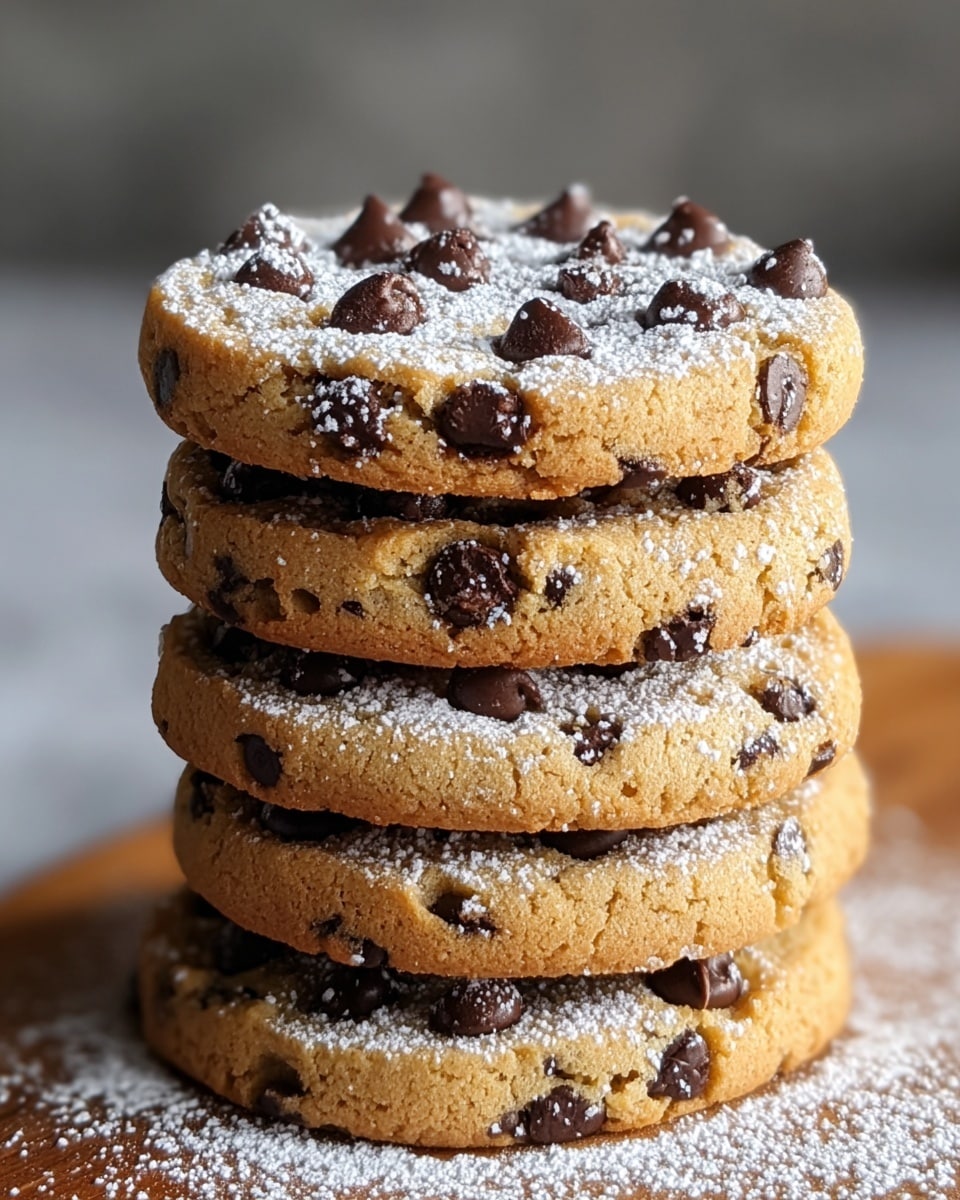 A stack of five thick, round chocolate chip cookies sits on a white marbled surface, each cookie a light golden brown with many dark chocolate chips embedded throughout. The cookies have a slightly crumbly texture with visible cracks and are dusted lightly with powdered sugar on top and around the base. The top cookie has larger chocolate chips that are slightly melted and glossy, adding texture contrast. The stack is neat, with each cookie aligned, and the background is softly blurred in neutral tones. photo taken with an iphone --ar 4:5 --v 7