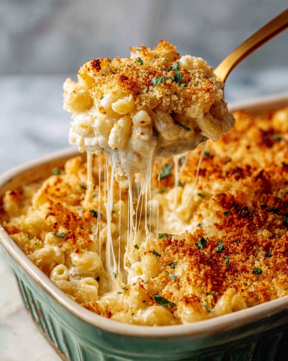 The image shows a close-up of creamy mac and cheese with a golden brown breadcrumb topping. The dish is scooped up with a golden spoon, lifting a portion of curly pasta covered in melted, stringy cheese. The top layer is a crispy, browned breadcrumb crust with small green herb pieces scattered on it. This is set in a white ceramic baking dish with a green outer edge, sitting on a white marbled surface. The melted cheese stretches from the dish to the spoon, emphasizing the creamy texture inside. photo taken with an iphone --ar 4:5 --v 7