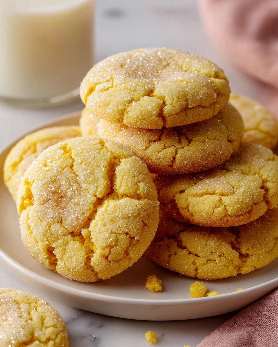 A stack of seven round, golden-yellow cookies with a sugar coating is arranged on a white plate. The cookies have a slightly cracked surface texture, showing a soft, crumbly interior. Some sugar crystals glisten on top, adding a subtle sparkle. The plate sits on a white marbled surface, and in the background, a blurred glass of milk is visible. Crumbs are scattered near the base of the plate, enhancing the fresh-baked feel. photo taken with an iphone --ar 4:5 --v 7