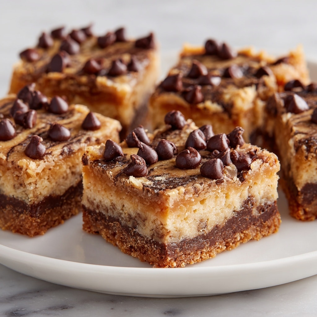 The image shows close-up pieces of a rich dessert cut into squares on a white plate, placed on a white marbled surface. Each piece has three visible layers: the bottom layer is dense and dark brown, the middle layer is slightly lighter brown with a moist texture, and the top layer is covered with small chocolate chips and crushed nuts that add a crunchy texture. The chocolate chips are dark and shiny, scattered on top with a few larger clusters, while the nuts are light beige and finely chopped, evenly spread across the surface. The edges of the squares are clean and sharp, highlighting the layers clearly. photo taken with an iphone --ar 4:5 --v 7