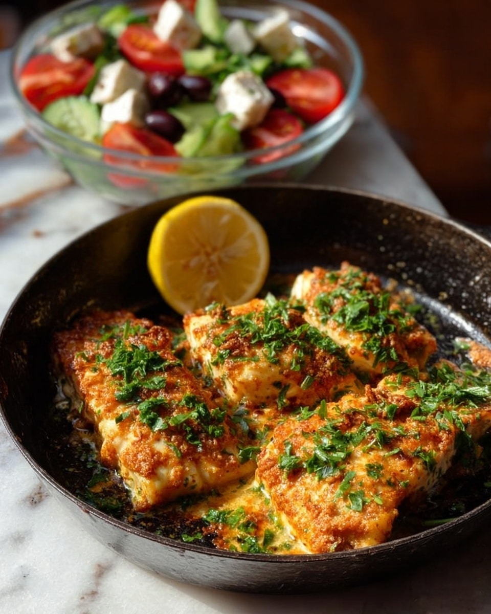 A cast iron skillet holds three golden-brown grilled pieces of fish with slightly crispy edges, topped with fresh green parsley leaves. The fish rests in a golden pool of melted butter mixed with herbs and spices, adding shine and texture around them. On the upper right side of the skillet sits a juicy half lemon with visible pulp. The skillet is placed on a white marbled surface that contrasts with the dark pan, showing a warm, rustic setting. photo taken with an iphone --ar 4:5 --v 7