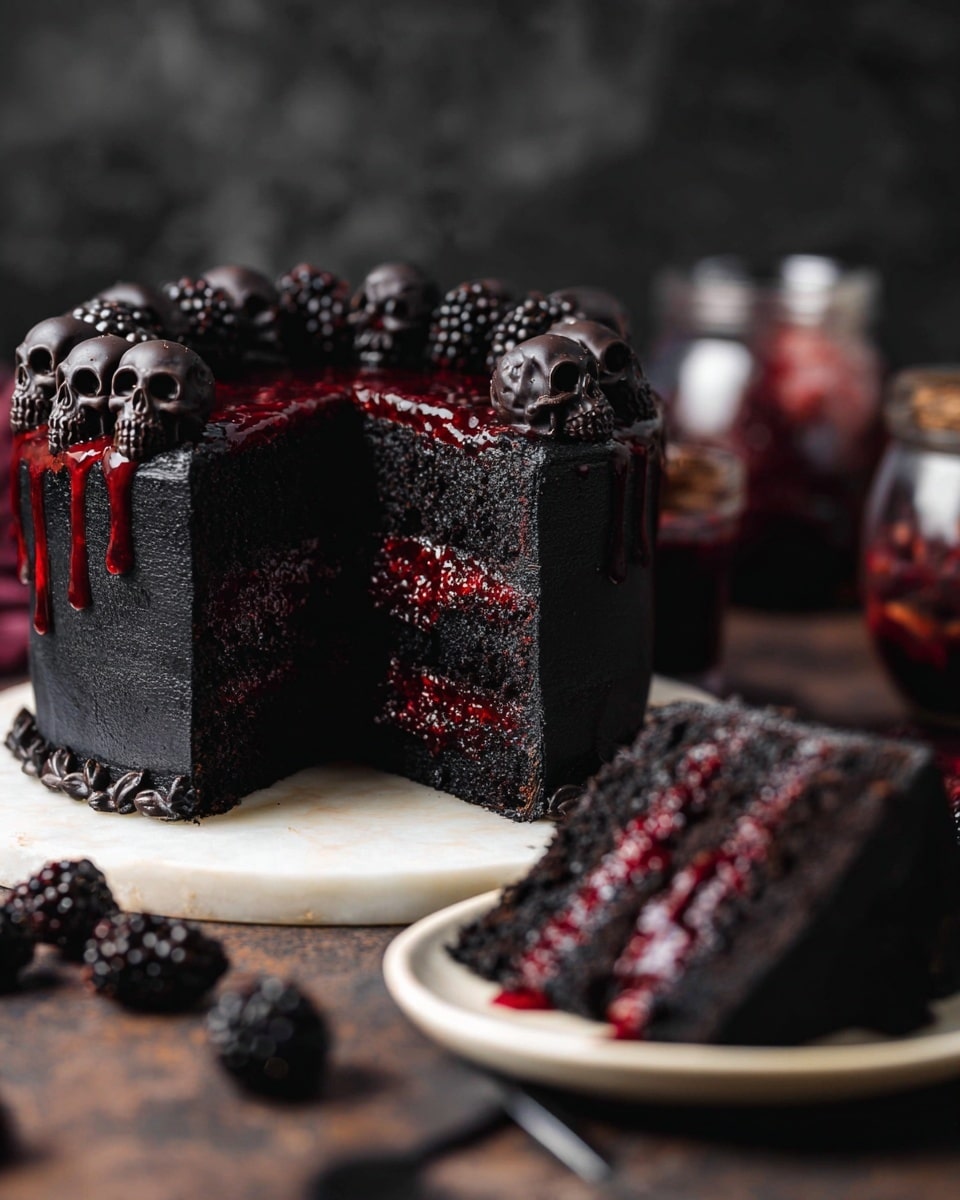 A slice of dark chocolate cake with two thick, moist black layers is filled with a glossy red berry jam in the middle. The cake is covered with a shiny black icing. On top, there is a small, detailed dark chocolate skull decoration. The slice is placed on a white plate with a silver fork beside it, and a few scattered pink flower petals decorate the plate. The background is out of focus with a warm, soft light, placed on a white marbled texture surface. photo taken with an iphone --ar 4:5 --v 7