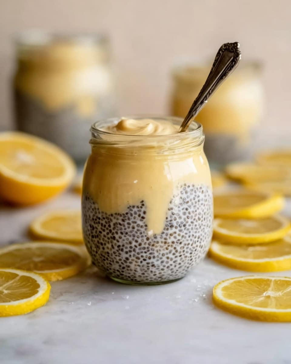 Three small clear glass jars are shown on a white marbled surface. Each jar has two layers: the bottom layer is pale with tiny black chia seeds, making a bumpy texture, and the top layer is thick and smooth, pale yellow in color, like a lemon cream. A thin lemon slice, bright yellow with a white center, is placed on the rim of each jar. Around the jars, there are scattered lemon slices and bright orange zest strips. In the background, there is a white plate holding whole and cut lemons, slightly out of focus. A spoon with some orange zest sits in the front. The photo is taken with an iphone --ar 4:5 --v 7
