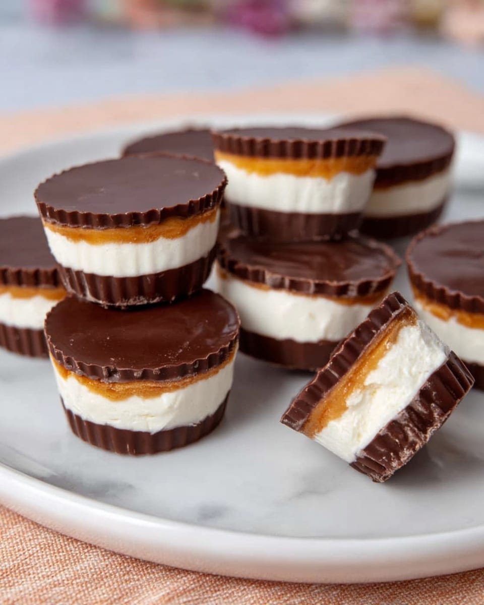 A close-up view of a stack of three chocolate peanut butter cups with a white base layer of smooth chocolate, a middle layer of bright orange peanut butter filling showing soft and creamy texture, and a top layer of thick dark chocolate with jagged edges from the wrapper. The top peanut butter cup has a bite taken out, revealing the creamy white and orange filling inside. The stack sits on a soft light pink cloth, all on a white marbled background. photo taken with an iphone --ar 4:5 --v 7