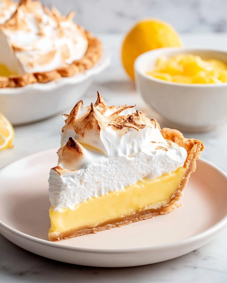 A slice of lemon meringue pie sits on a white plate, showing three clear layers: a golden-brown, slightly crumbly crust base; a smooth, thick, pale yellow lemon filling in the middle; and a fluffy white meringue topping with golden brown toasted peaks and swirls that add texture and height. In the background, there is another slice of the pie on a white plate and a white bowl filled with thick yellow lemon curd, all placed on a white marbled surface. Photo taken with an iphone --ar 4:5 --v 7