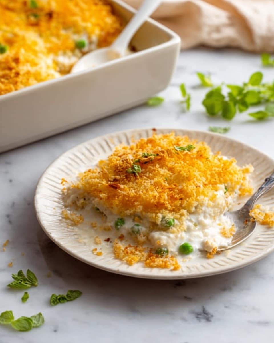 The image shows a white plate on a white marbled surface with a square white baking dish in the background. On the plate, there is a serving of a baked dish that has three distinct layers. The bottom layer is creamy white, smooth, and thick. Above this is a layer filled with visible small green peas mixed with the creamy base. The top layer is golden brown and crispy with a crumbly texture, likely bread crumbs or cheese. Small green herb leaves are scattered around the plate, adding a pop of color. A white spoon is resting next to the plate. Photo taken with an iphone --ar 4:5 --v 7