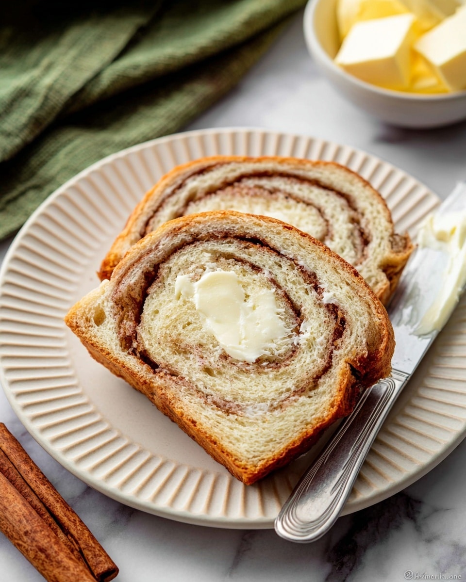 A loaf of cinnamon swirl bread is sliced and arranged in a row on a smooth wooden cutting board, showing eight pieces with a soft, light beige inside and a visible dark brown cinnamon spiral running through each slice, topped with a golden brown crust. Two cinnamon sticks rest beside the cutting board. A small white bowl next to the bread holds several square pats of butter, with a green cloth casually placed nearby, all set on a white marbled surface. photo taken with an iphone --ar 4:5 --v 7