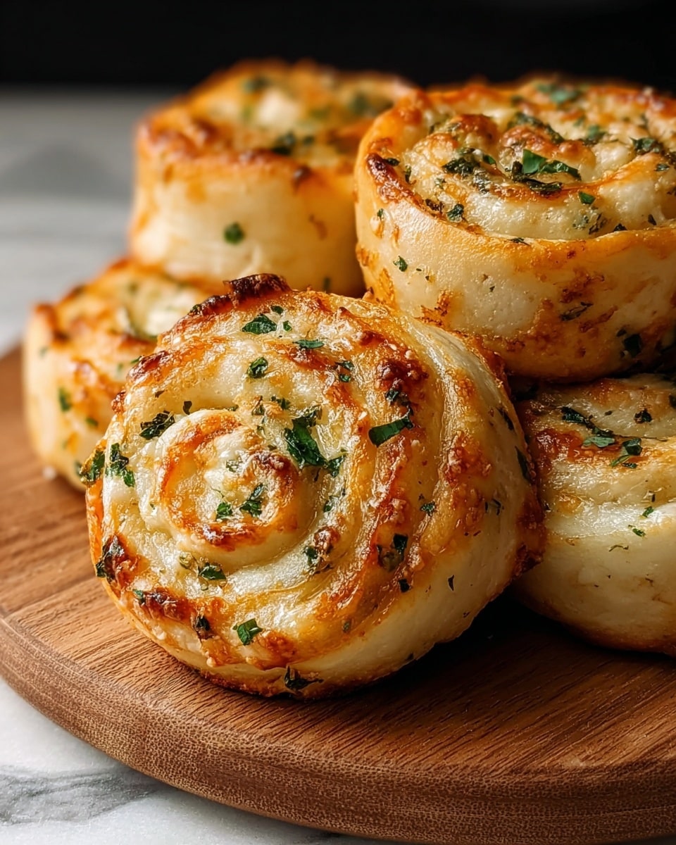 The image shows five golden brown garlic and herb rolls stacked closely on a round wooden board. Each roll has about three visible layers, with the outer layer having a crispy, browned texture, and the inner layers soft and light beige. Green herb bits are scattered evenly throughout the swirls of each roll, adding contrast to the pale dough. The surface of the rolls is shiny, showing a light glaze. The background features a blurred dark area with a white marbled texture below, highlighting the rolls as the main focus. photo taken with an iphone --ar 4:5 --v 7