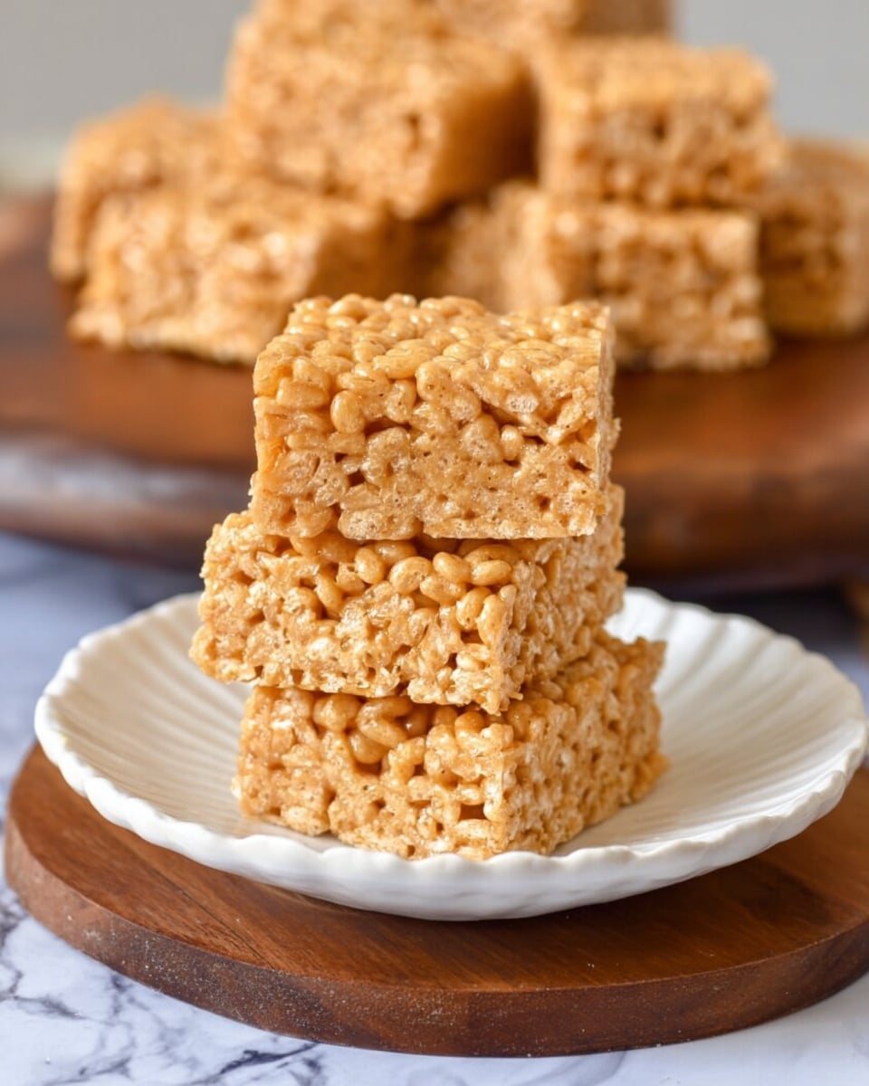 A round wooden plate holds nine square crispy rice treats arranged in a circle with a jar of Lotus Biscoff cookie butter placed in the center. Each treat is golden brown, showing puffed rice grains tightly packed together with a slightly glossy look from the binding syrup. The plate sits on a dark wooden surface with a red and white checkered cloth partially visible in the top left corner. The whole scene is warm and inviting. Photo taken with an iphone --ar 4:5 --v 7