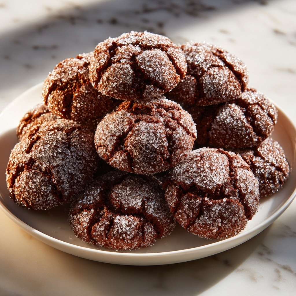 A close-up image of a pile of dark brown cookies covered in coarse sugar crystals, each cookie showing swirled and cracked textures on the surface that catch the light, creating a sparkling effect. The cookies are densely stacked on a white plate, with some of the cookies slightly overlapping, highlighting their round, slightly domed shapes and rough sugary exterior on a white marbled surface. Photo taken with an iphone --ar 4:5 --v 7