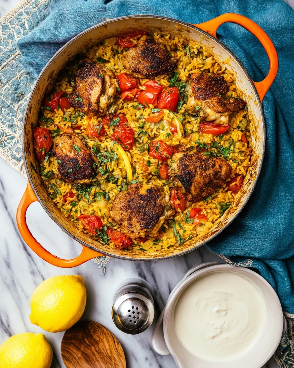 A round orange pot filled with a layer of golden yellow rice mixed with chopped green herbs and bright red cherry tomato pieces sits on a white marbled surface, resting on a blue cloth. On top of the rice, there are six grilled chicken pieces with a browned, slightly charred crust. To the right of the pot is a white bowl filled with creamy white sauce, and below the pot is a wooden spoon with some rice and herbs on it. A woman’s hand holds the spoon. Nearby, two bright yellow lemons and a silver pepper grinder are also on the blue cloth. Photo taken with an iphone --ar 4:5 --v 7
