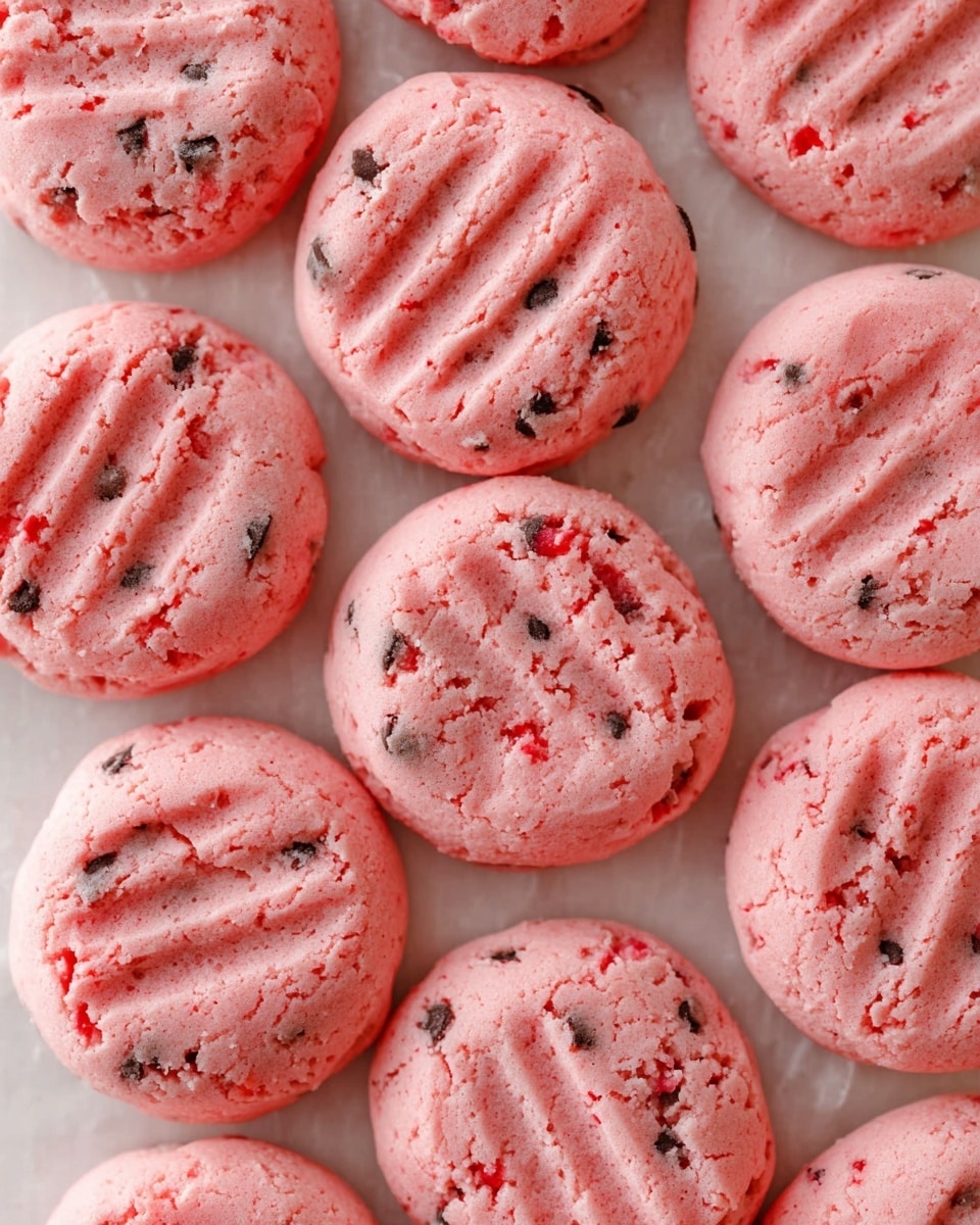 A close-up view of several soft pink cookies with small dark chocolate chips mixed inside. Each cookie has a slightly rough texture, with gentle ridges and cracks on the surface, giving them a homemade look. The cookies are placed on a white marbled surface, scattered in a casual way with some overlapping. The overall color is light pink with spots of dark brown from the chocolate chips. photo taken with an iphone --ar 4:5 --v 7