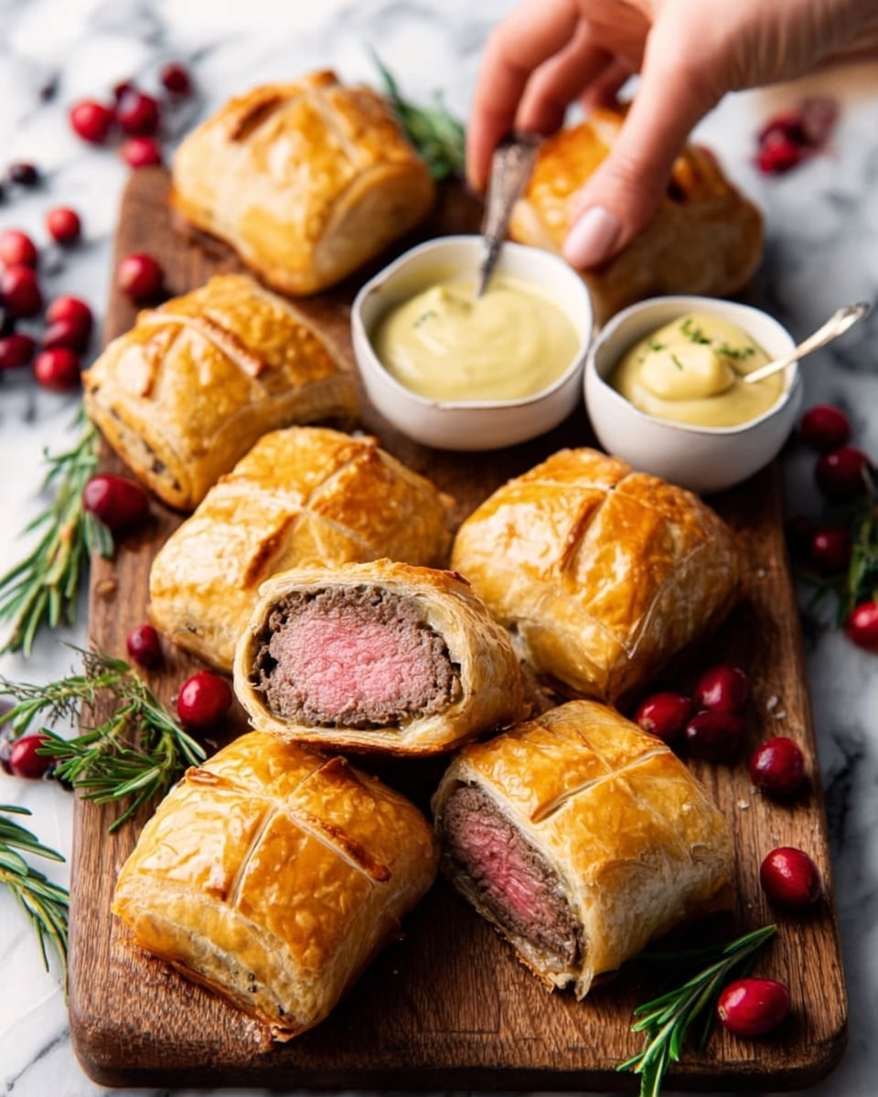 The image shows a wooden board with several golden brown beef Wellington pieces, each wrapped in flaky puff pastry that has a shiny, smooth surface with a few small slits on top. One piece is cut in half, revealing a pink, medium-rare beef center surrounded by a thin brown mushroom layer. Next to the board, there are small white bowls containing creamy yellow mustard and a pale sauce with herbs. Red cranberries and green rosemary sprigs are scattered around as decoration. A woman's hand is gently reaching toward the food, and the background is a white marbled surface. Photo taken with an iphone --ar 4:5 --v 7