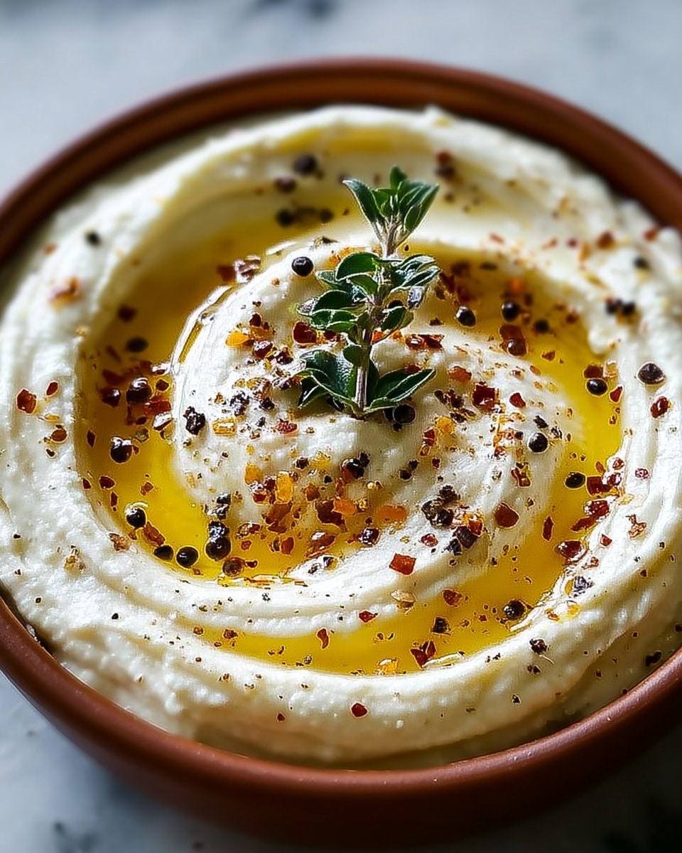 A close-up of a creamy white dip with a smooth, swirled texture fills a round white bowl. The dip is drizzled with golden olive oil that pools in the swirls, topped with small black pepper flakes and reddish-brown spices, adding a speckled effect. In the center, a small green herb sprig stands upright, adding a fresh touch and a pop of color, all set against a white marbled surface. photo taken with an iphone --ar 4:5 --v 7