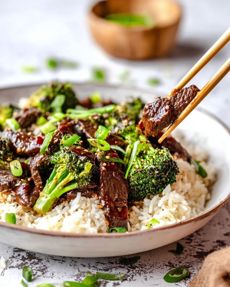 The dish shows a white plate filled with a base layer of fluffy, white rice with a slightly separated texture. On top, there is a mix of dark brown glazed beef slices and small, bright green broccoli florets, all coated with a shiny sauce. It is garnished with chopped green onions scattered unevenly over the beef and broccoli. A pair of light wooden chopsticks hold a piece of beef above the plate, with the background showing a soft-focus wooden bowl and scattered green onion pieces on a white marbled surface. Photo taken with an iphone --ar 4:5 --v 7