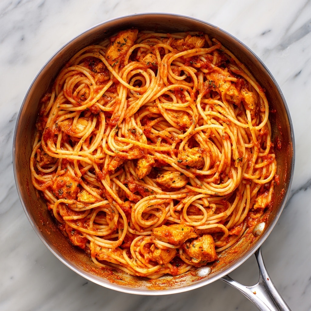 The image shows two side-by-side views of a stainless steel pan on a white marbled surface, each filled with spaghetti and chicken in tomato sauce. On the left side, the pan has a base layer of chunky red tomato sauce with pieces of cooked chicken and a neat mound of pale yellow spaghetti piled on top, covering most of the sauce. On the right side, the same pan shows the spaghetti mixed evenly with the tomato sauce and chicken, turning the pasta a rich reddish color with visible chunks of chicken and strands of spaghetti twirled together. The sauce looks thick and coats the ingredients well, while the pan handle extends from the top right. Photo taken with an iphone --ar 4:5 --v 7