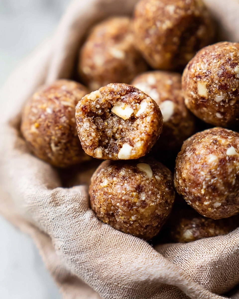 Close-up of several round energy balls stacked together, showing a coarse texture with visible bits of nuts and dried fruit inside. The balls are brown with specks of lighter beige and darker brown, giving a slightly rough surface with a dry sugar-like coating. They appear to be inside a white marbled textured bowl, filling the space without overlapping too much, with natural light highlighting the uneven, grainy details on the round shapes. photo taken with an iphone --ar 4:5 --v 7