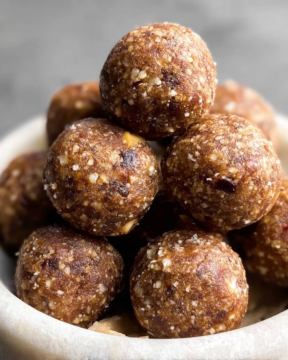 The image shows a close-up of several round energy balls with a rough texture, packed closely together. Each ball has a crumbly brown surface mixed with small white chunks of nuts or other ingredients, giving a slightly grainy and uneven look. One ball in the center is bitten in half, revealing a soft, dense inside with similar brown and white specks throughout. The energy balls rest inside a soft, light brown cloth that adds a cozy feel, all placed on a white marbled surface. photo taken with an iphone --ar 4:5 --v 7