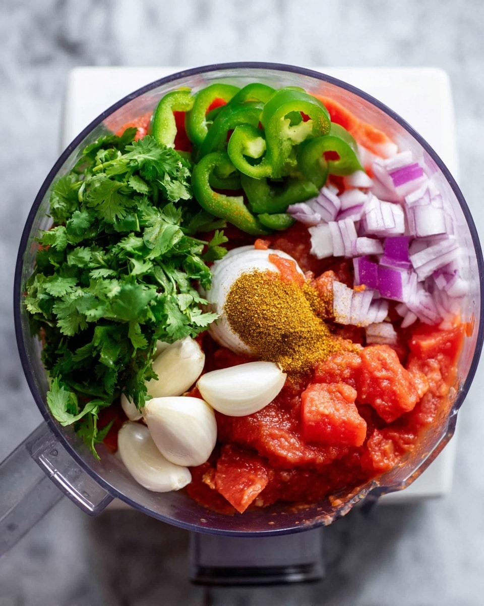 A close-up image shows a black bowl filled with chunky red salsa, topped with finely chopped green herbs scattered across the surface. A woman's hand is dipping a triangular light yellow tortilla chip into the salsa, partially covered with the sauce. In the background, there are two white soft tacos filled with brown meat, red and green vegetables resting on a white marbled surface, along with lime wedges and fresh cilantro leaves scattered around. Photo taken with an iphone --ar 4:5 --v 7