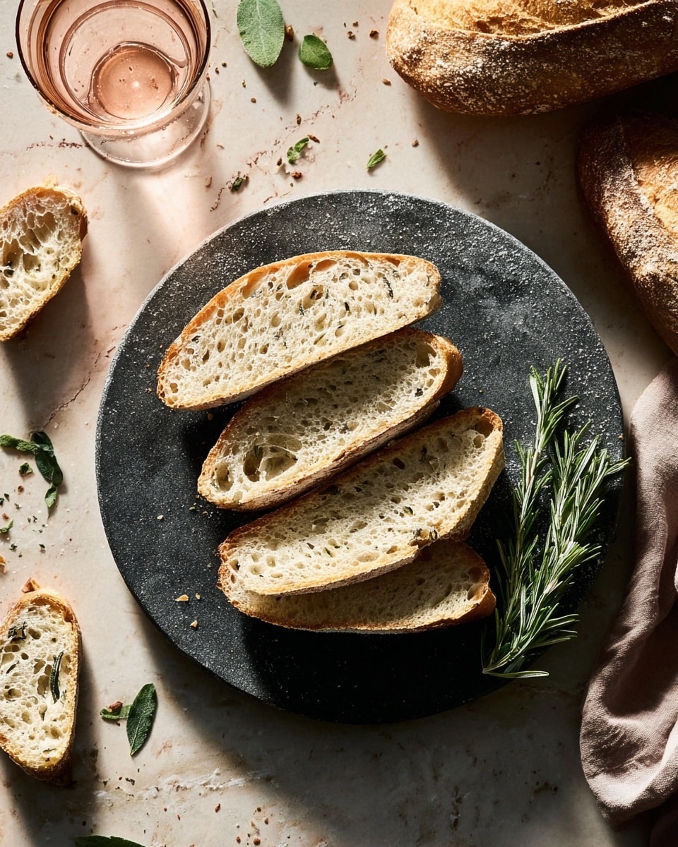 The image shows a rustic loaf of bread with a golden-brown crust and a rough texture, placed on a dark wooden board. Three thick slices have been cut from the loaf, revealing a soft, light beige interior with small air holes. A woman's hand is holding one slice, lifting it from the board. Surrounding the bread are a white bowl with olive oil, a glass bottle of olive oil with a stopper, some fresh green herb sprigs, and a beige cloth with natural folds placed casually. The whole scene is set on a white marbled texture surface. photo taken with an iphone --ar 4:5 --v 7