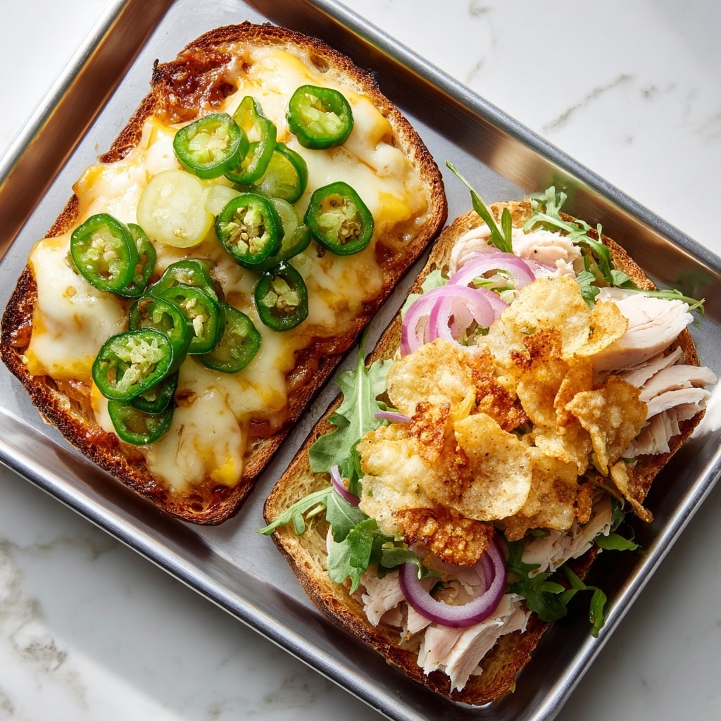 The image shows a toasted sandwich cut in half and placed on a white speckled plate, which rests on a wooden board over a white marbled surface. The sandwich has three main layers: the top layer is golden-brown toasted bread with melted cheese dripping slightly over the edge; the middle layers include green leafy lettuce and slices of pickles with a light texture; the bottom layer consists of thinly sliced apple and a spread that looks like grainy mustard, all held together by another slice of toasted bread with a crisp, rough texture. In the background, there is a white bowl filled with green leafy salad and a red and yellow apple, softly blurred. photo taken with an iphone --ar 4:5 --v 7