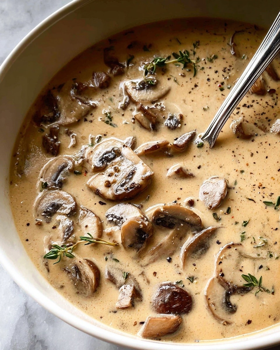 A bowl filled with creamy mushroom soup showing a thick beige base with pieces of soft mushrooms mixed in. On top, several browned, sautéed mushroom slices are placed along with small green herb bits sprinkled all over. The soup is served in a white bowl with a teal interior ring around the edge. A silver spoon rests inside the bowl with its handle stretching out. Nearby is a piece of toasted bread with a golden crust, a small white dish holding green herbs, and a brown cloth napkin, all set on a white marbled textured surface. photo taken with an iphone --ar 4:5 --v 7