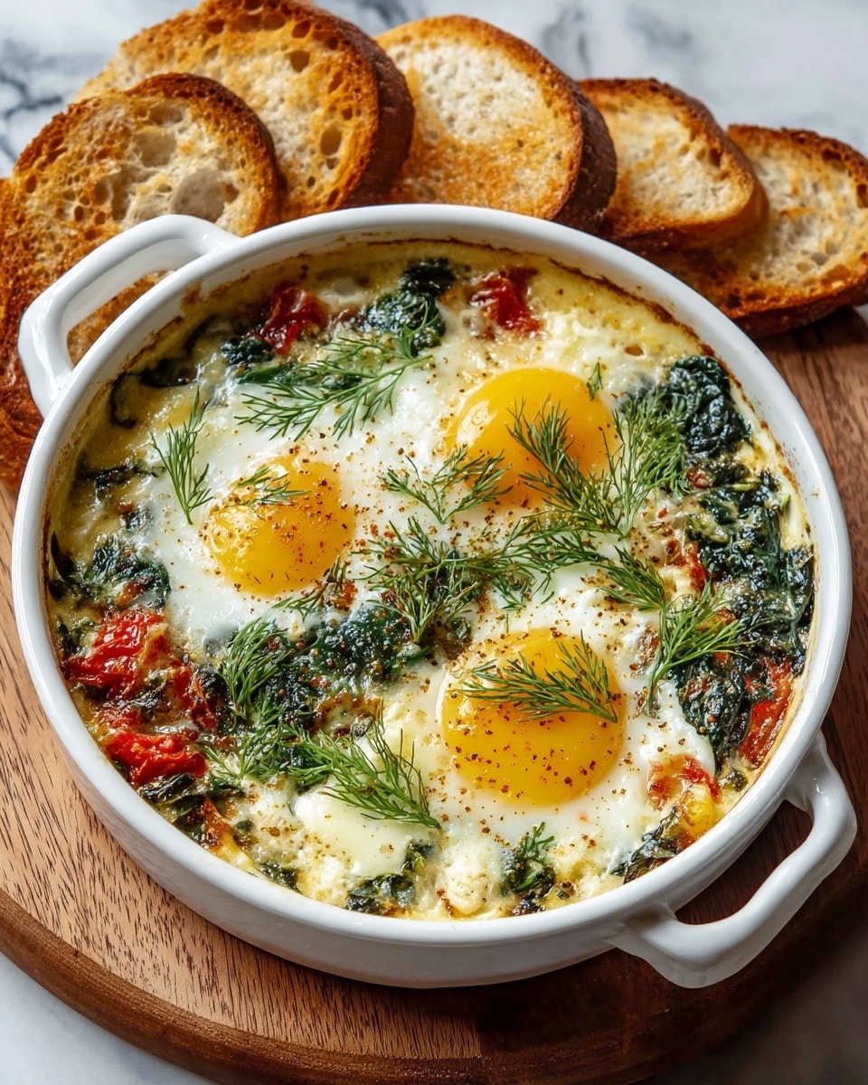 The dish is a white round baking dish with two handles, filled with a baked egg mixture showing three sunny-side-up eggs with bright yellow yolks and slightly browned whites. The eggs sit atop a layer of mixed vegetables, including red tomatoes and green leafy herbs and spinach, creating a colorful mix of red, green, and white textures. Fresh green dill sprigs are scattered over the top, adding a vibrant touch. The dish is placed on a wooden round board, surrounded by several slices of toasted bread with a golden crust and soft center. The background surface is a white marbled texture. Photo taken with an iphone --ar 4:5 --v 7