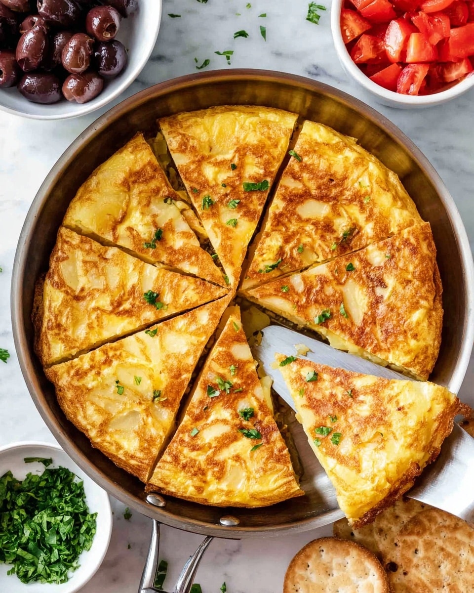 A golden brown Spanish omelette is cut into eight triangular slices inside a silver frying pan with a handle, with a metal spatula lifting one slice slightly on the right side. The omelette has a slightly crispy texture on top with small light spots showing the cooked potatoes inside, and a few small green parsley pieces sprinkled on top and around it. Surrounding the pan are three white bowls, one filled with dark brown olives, another with bright red chopped tomatoes, and the last with finely chopped green herbs. The scene is set on a white marbled surface with some round crackers partially visible at the bottom right corner. Photo taken with an iphone --ar 4:5 --v 7