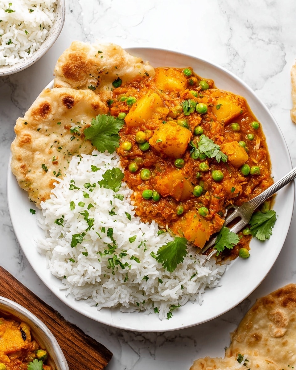 A white plate holds two main layers of food side by side, with white steamed rice on the left side showing individual grains and small green herb pieces scattered on top, while the right side has a thick, orange-colored vegetable curry with chunks of yellow potatoes and green peas mixed throughout, topped with fresh green cilantro leaves. Two pieces of light, toasted flatbread rest on the edge of the plate, one partially covering the rice. A silver fork is placed on the right edge of the plate, partly inside the curry. The plate sits on a white marbled surface, with part of a bowl of white rice and a wooden board with extra flatbread partially visible around it. Photo taken with an iphone --ar 4:5 --v 7