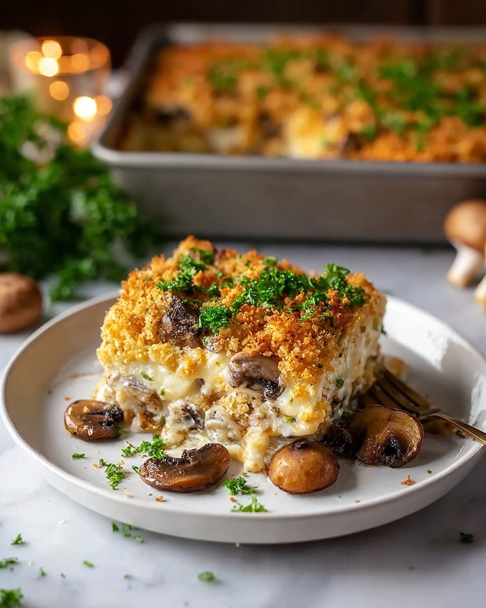 A slice of creamy mushroom casserole sits on a white plate with a white marbled background. The dish has three clear layers: the top layer is golden brown with a crispy crumb topping sprinkled with bright green parsley, the middle layer is creamy and pale with melted cheese and soft mushroom slices, and the bottom layer includes more cooked mushrooms and a light base that looks soft and moist. Around the slice, there are sautéed mushroom pieces and small bits of parsley scattered on the plate. The casserole tray filled with the rest of the dish is blurred in the background. Photo taken with an iphone --ar 4:5 --v 7