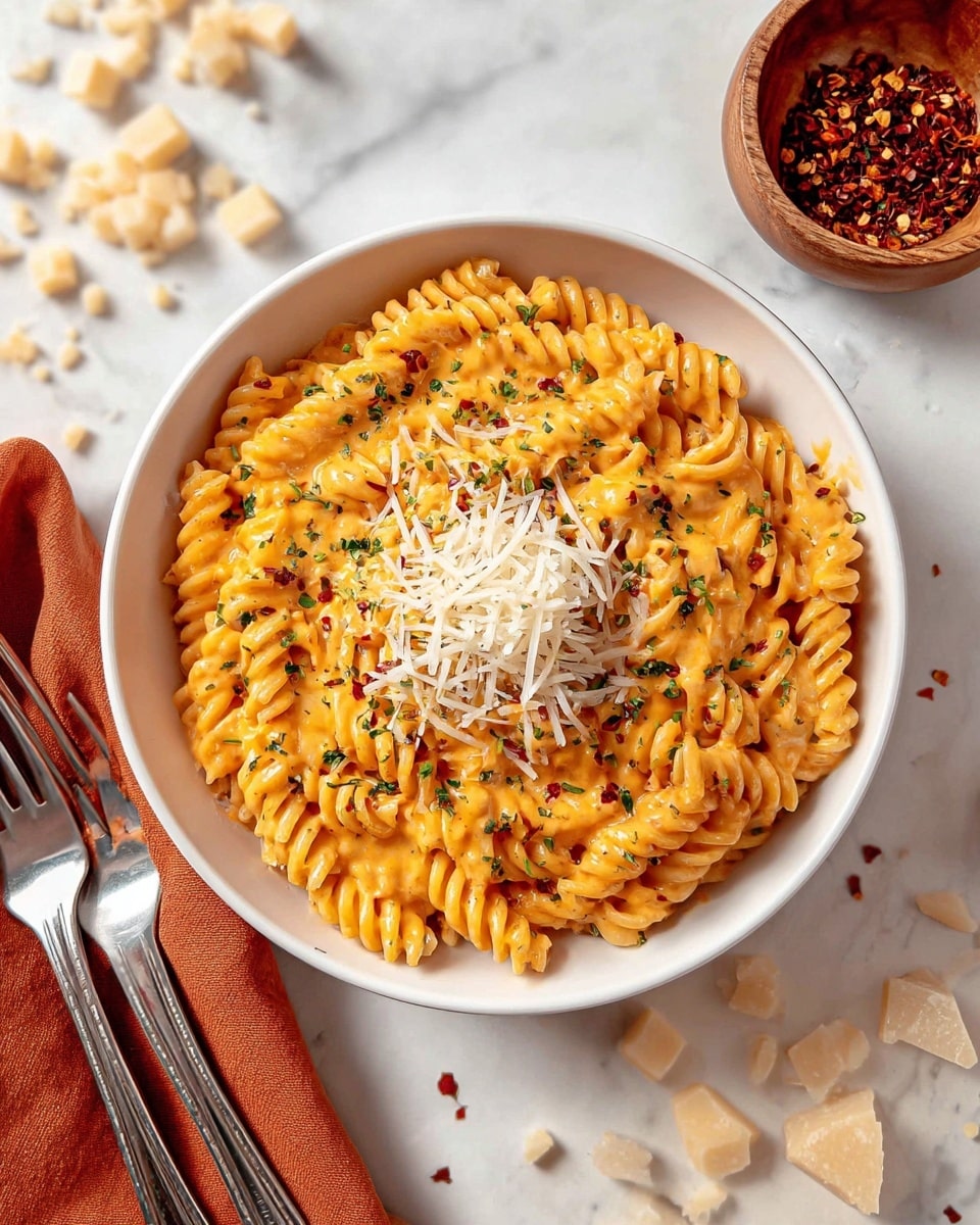 A white bowl filled with spiraled rotini pasta coated in thick, creamy orange cheese sauce, topped with a mound of shredded white cheese in the center, sprinkled with small green herb bits and red chili flakes throughout. The bowl is placed on a white marbled surface scattered with small chunks of light-colored cheese. To the right of the bowl is a small wooden bowl containing red chili flakes, and an orange cloth napkin rests beside it. Two silver forks lie on the bottom left corner of the image. Photo taken with an iphone --ar 4:5 --v 7