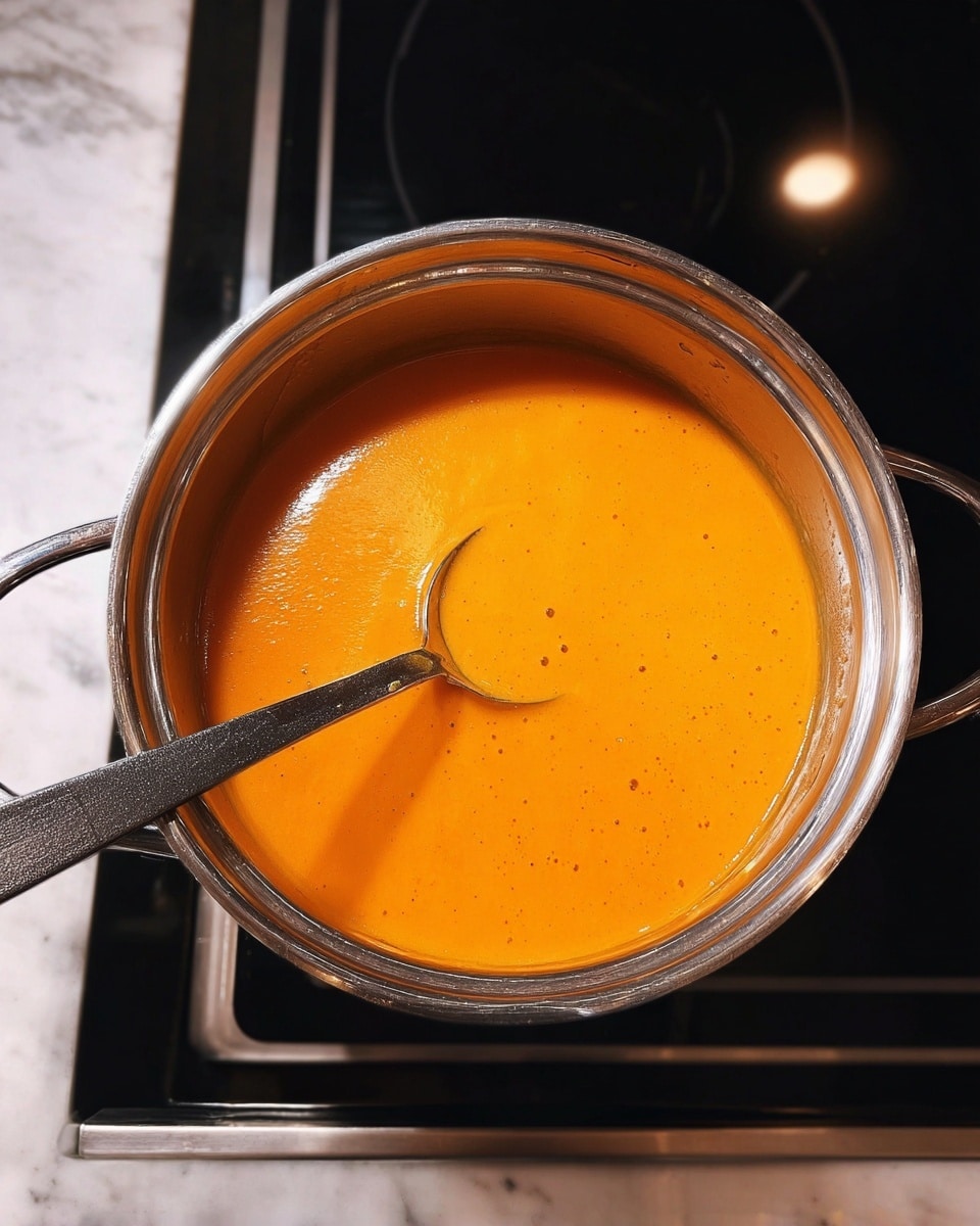 A shiny stainless steel pot filled with smooth, bright orange soup resting on a black stove top with a white marbled surface underneath; a metal spoon with a dark handle is partially dipped in the soup, showing a bit of the thick, creamy texture while the surface of the soup looks even and slightly glossy around the edges. photo taken with an iphone --ar 4:5 --v 7