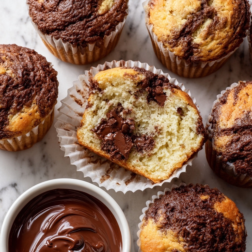 The image shows a group of chocolate swirl muffins with golden brown tops and dark chocolate swirled patterns. One muffin is in the center with its white paper liner opened wide, revealing a soft, light beige crumb inside filled with melted, glossy dark chocolate chunks in the middle. The muffins have a moist and fluffy texture with chocolate chips spread unevenly throughout. Below and around them is a white marbled surface. In the bottom left corner, there is a white bowl filled with smooth, shiny melted chocolate. Photo taken with an iphone --ar 4:5 --v 7