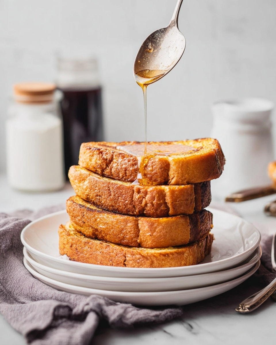 A stack of four thick slices of golden brown toasted bread is placed neatly on a white plate, which sits on top of another white plate against a white marbled background. The toast has a crispy texture with visible browning and a slightly rough surface. Above the stack, a silver spoon held by a woman's hand is pouring a thin stream of honey or syrup, glistening as it falls onto the top slice. A folded gray cloth lies under the plates, and next to it are a fork and knife. In the blurred background, there are two jars, one dark and one white with a cork lid. The scene is bright with soft, natural light coming from the left side. photo taken with an iphone --ar 4:5 --v 7