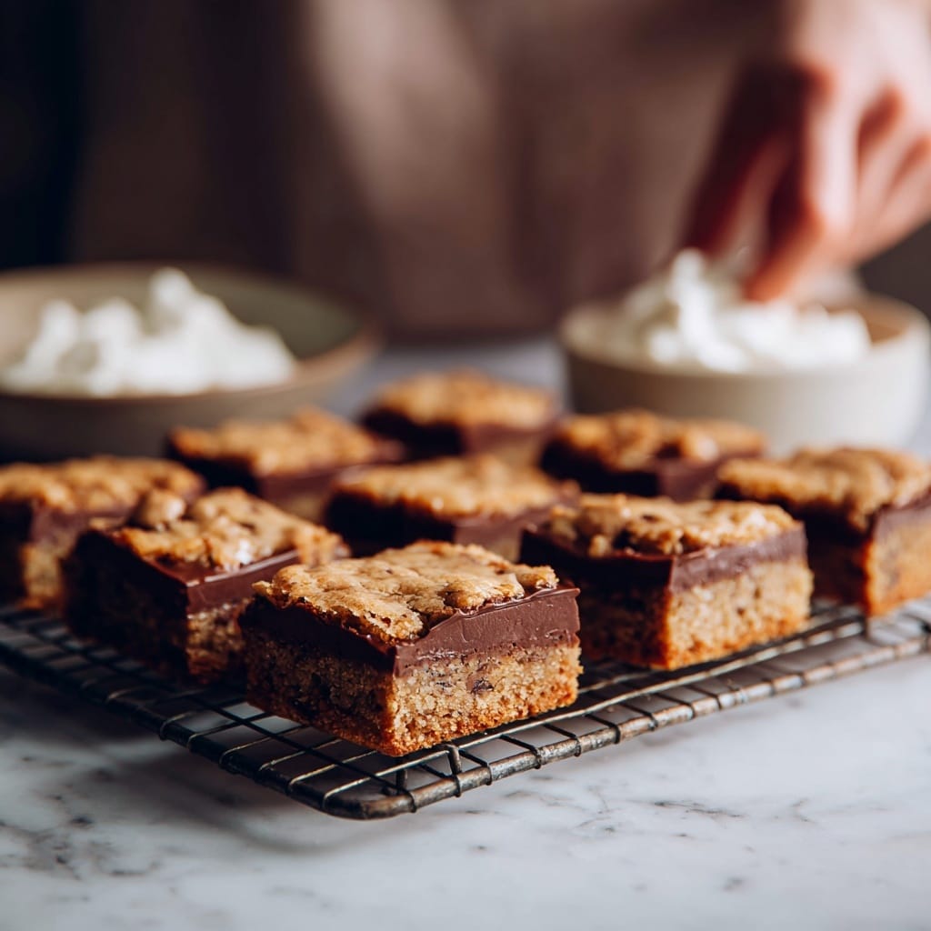 The image shows a cooling rack placed on a white marbled surface, holding nine square brownies. Each brownie is dark brown with a rough texture and has uneven dollops of light tan peanut butter spread on top. The peanut butter spots vary in size and shape, creating a contrast against the dark base. A bowl with white cream is in the top right corner with a woman's hand near it, slightly out of focus. The overall lighting is soft and natural, highlighting the textures clearly. photo taken with an iphone --ar 4:5 --v 7