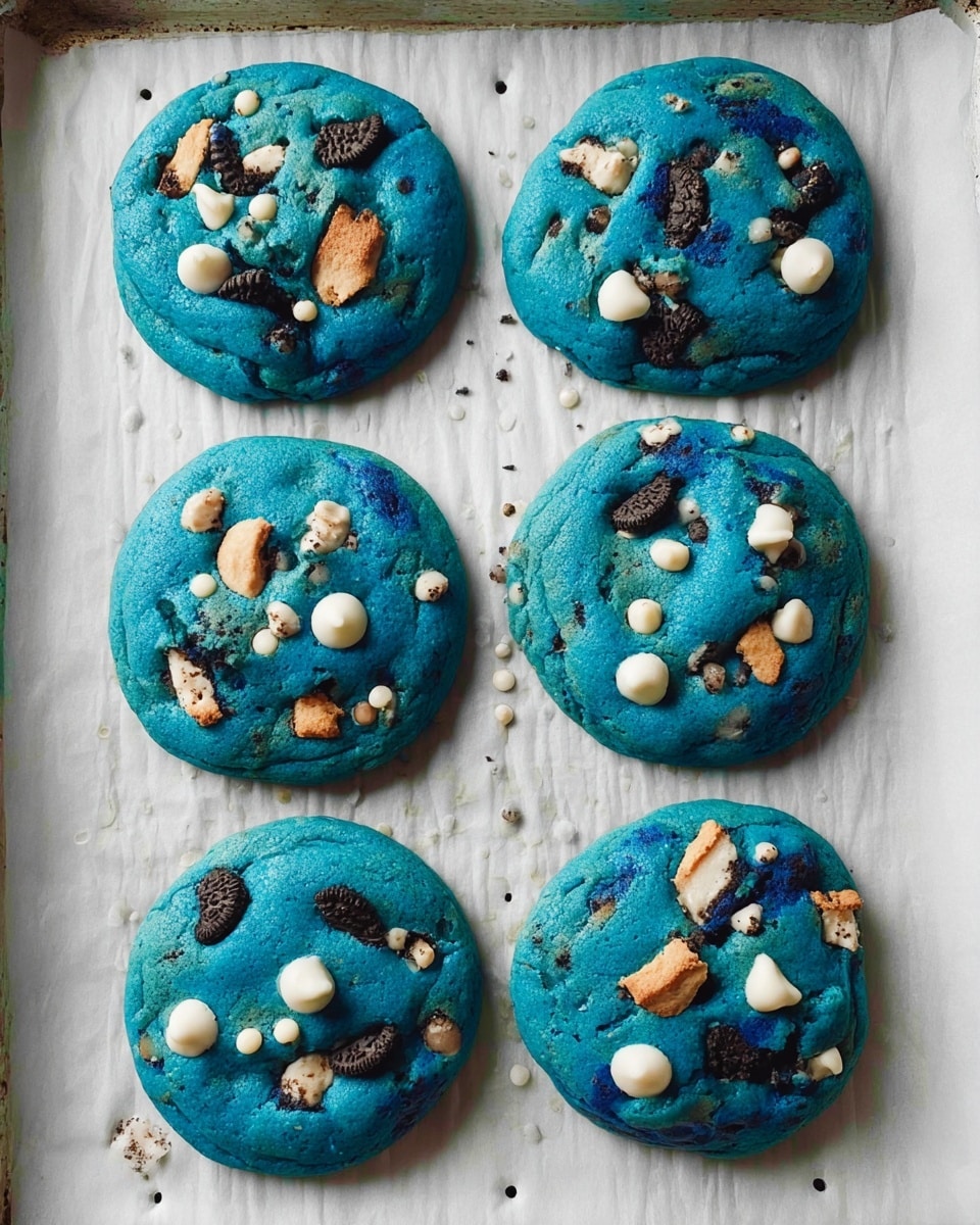 A tall stack of four vibrant blue cookies sits on a white marbled surface, with the top two cookies cut in half to show their inside layers. The cookies have a bright blue dough mixed with dark chocolate chunks and white chocolate chips. Inside the middle two layers, there are chunks of small golden-brown chocolate chip cookies and dark cookie pieces with white cream filling, likely Oreo cookies. Scattered around the stack are some cookie crumbs, mini chocolate chips, and mini Oreo cookies. In the blurry background, a clear glass bottle of milk is visible. photo taken with an iphone --ar 4:5 --v 7